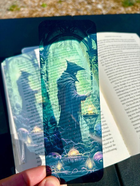 Gothic wizard bookmark with glowing green… stained glass bookmark